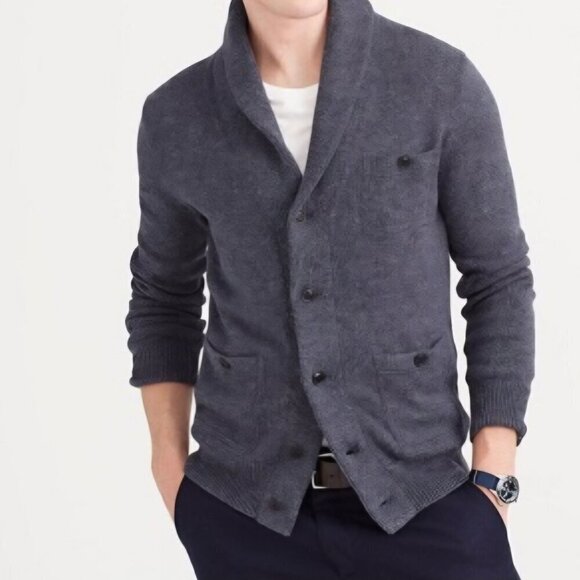 J. Crew Marled Navy Cotton Cardigan Sweater Grandpa Unisex Pockets Size M - Picture 1 of 4